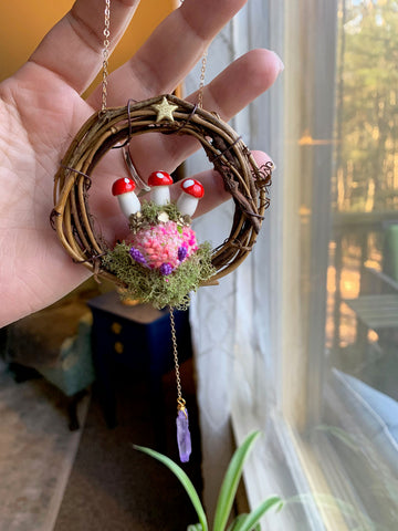 Cottagecore Whimsical Mushroom Crystal Hanging Mini Wreathe Decor