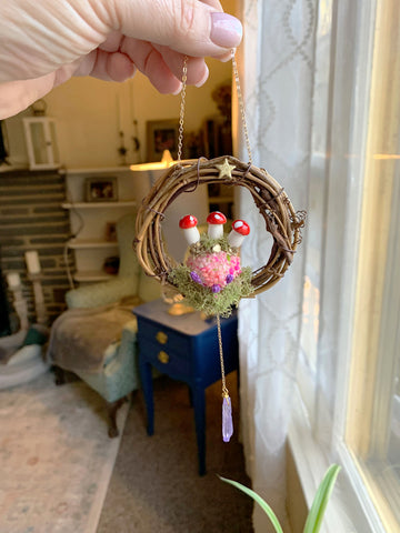 Cottagecore Whimsical Mushroom Crystal Hanging Mini Wreathe Decor